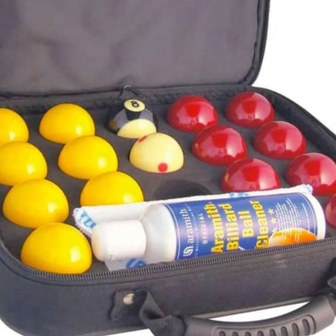 Aramith Super Pro Cup English Pool Balls with Case And Ball Cleaner Close Up View