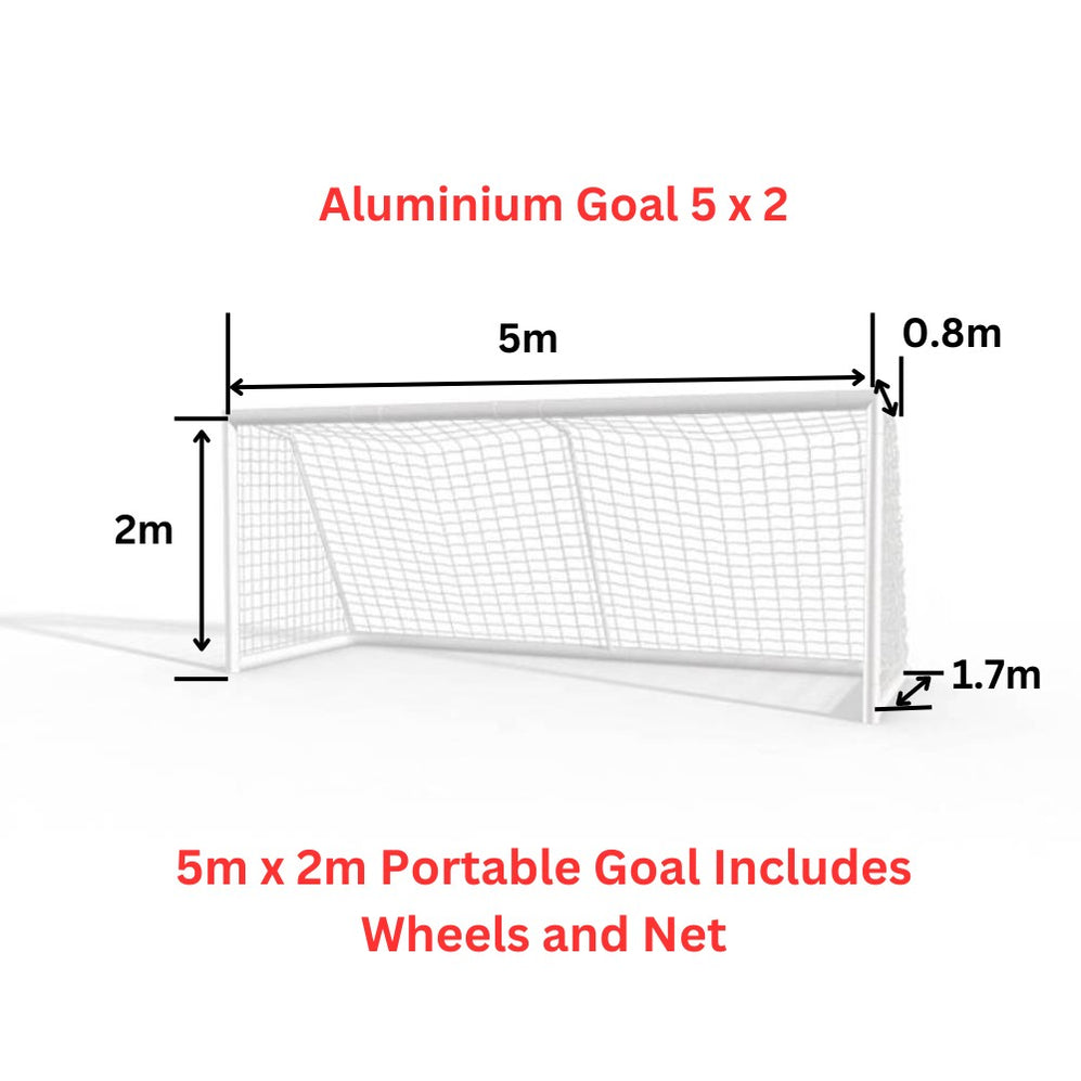 Veto Portable Aluminium Soccer Goal with Wheels, measuring 5m x 2m, features a sturdy netting system, perfect for mobile soccer practice and matches.