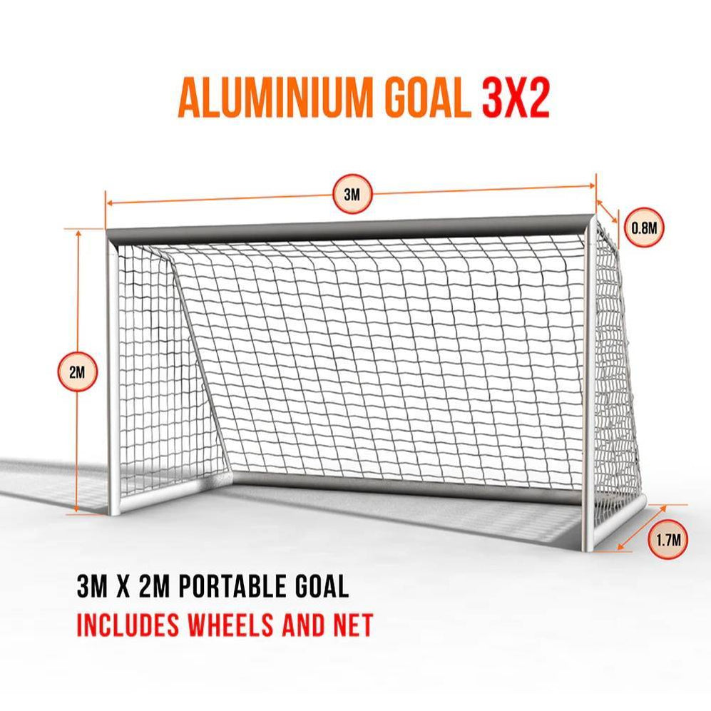 Portable aluminum soccer goal measuring 3m x 2m with wheels and net, ideal for easy transport and setup for recreational soccer games, featuring a sturdy design for durability.