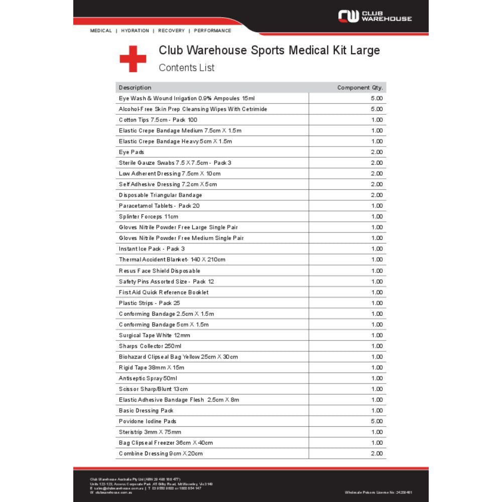Club Warehouse On Field Sports First Aid Complete Kit Large Contents List